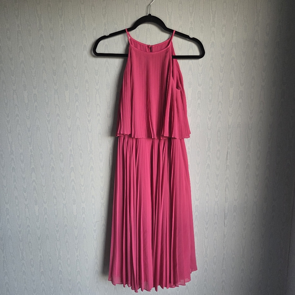 Emporio Armani Pleated Tiered Halter‎ Neck Keyhole Bright Pink Mini Dress XS